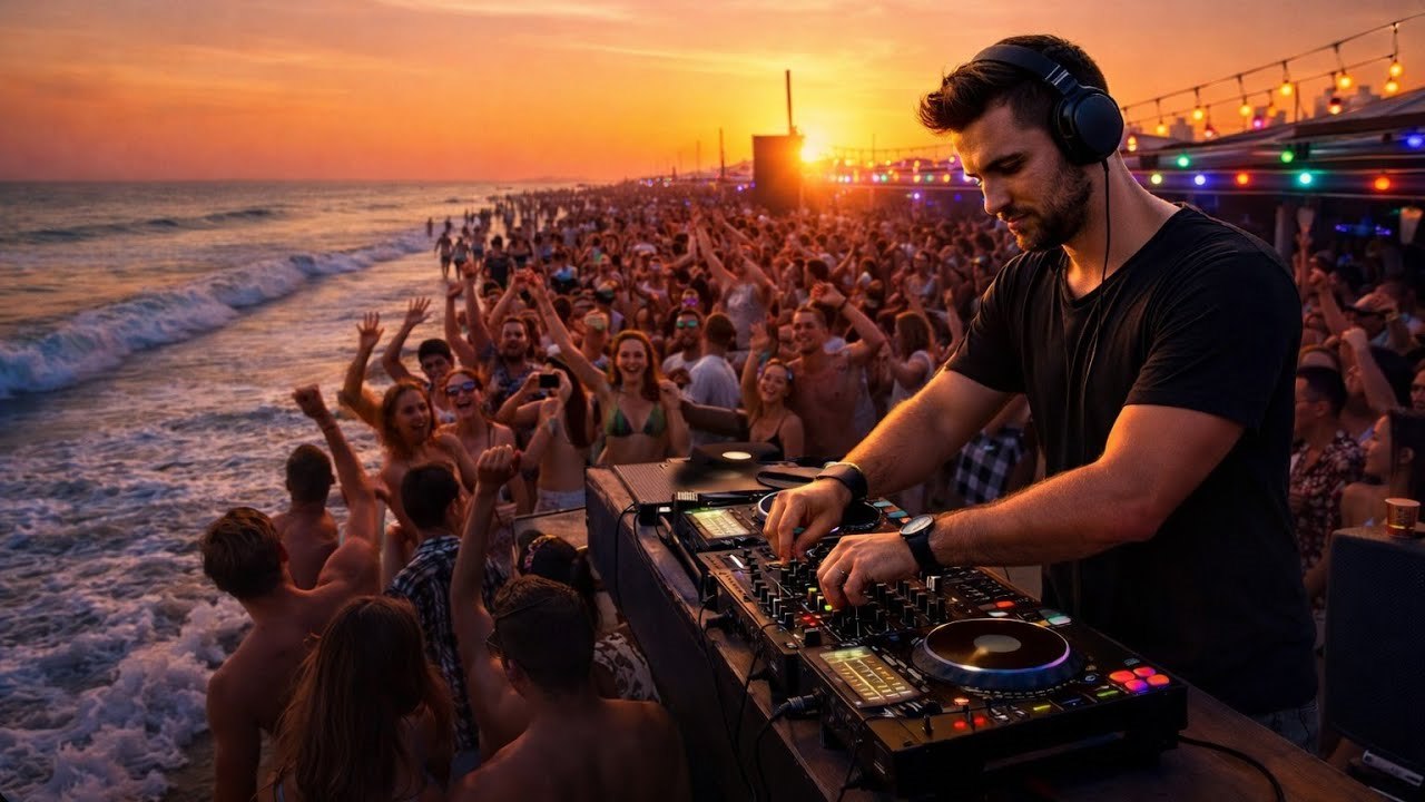 A beach DJ party at sunset with a crowd by the water